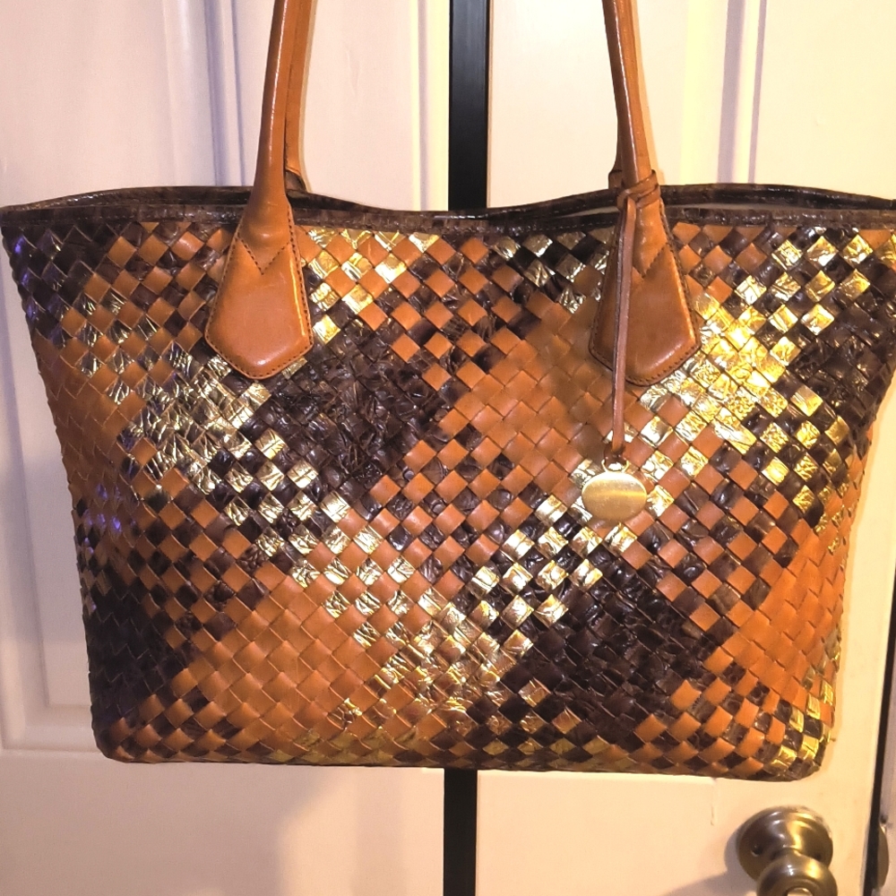 Gorgeous BRAHMIN Brown/Gold Croc Woven Leather Tote/Handbag NICE